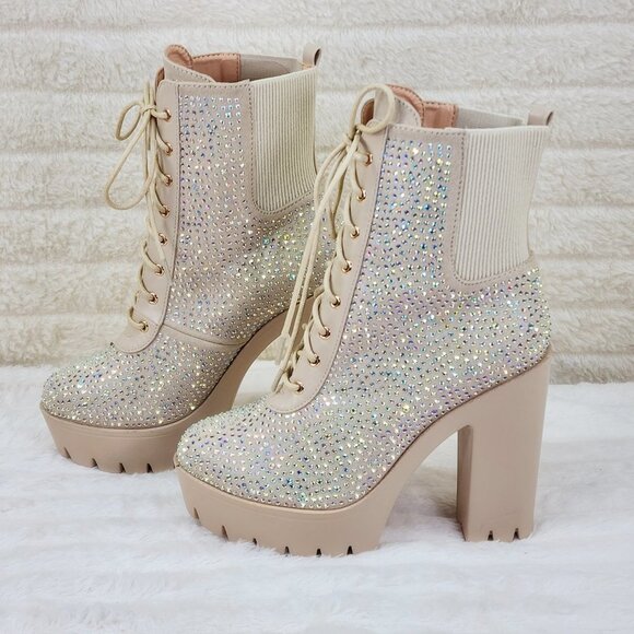 Elegant Beige Rhinestone Ankle Boots - Picture 13 of 14